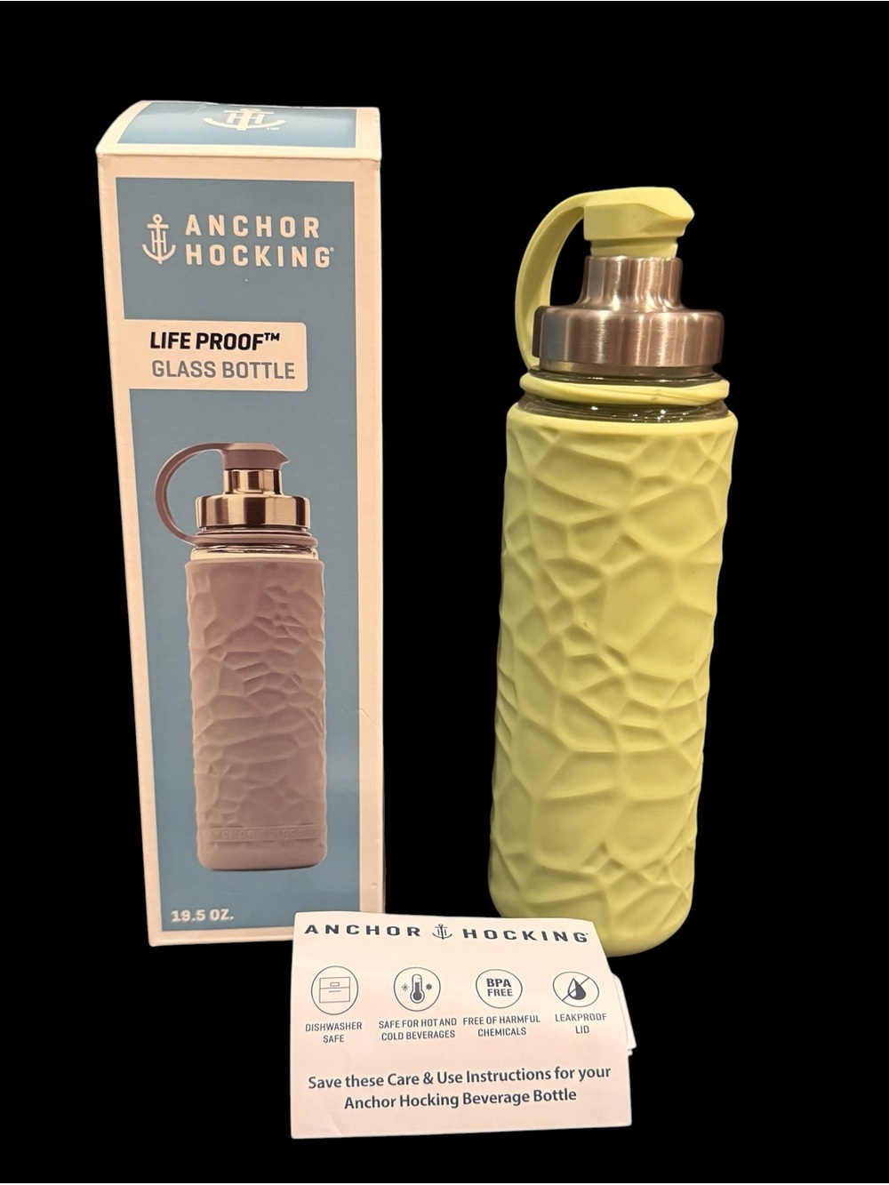 Anchor Hocking LifeProof Glass Water Bottle 19.5 Oz Lime Green Durable RARE NIB